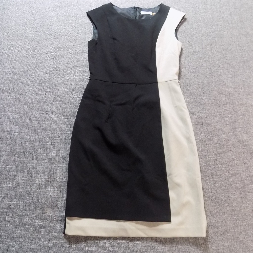 Calvin Klein Sheath Dress Womens 2 Black Cream Excellent Colorblock Asymmetrical